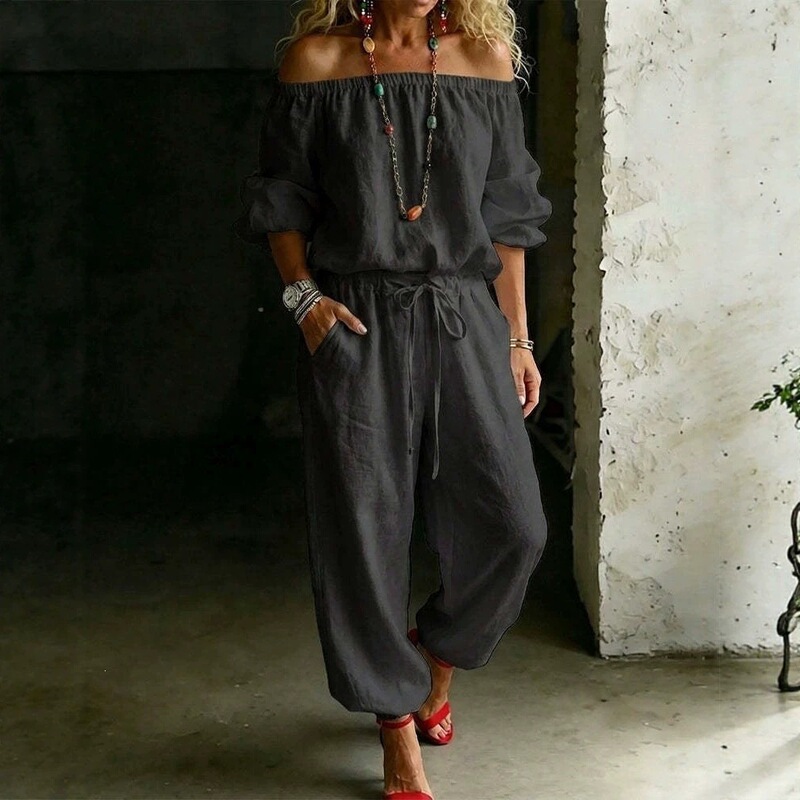 Cross-border textured cotton-linen off-shoulder set, loose-fitting puff-sleeve top, casual pants with side pockets and cuffed ankles Cross-border textured cotton-linen off-shoulder set, loose-fitting puff-sleeve top, casual pants with side pockets and cuffed ankles