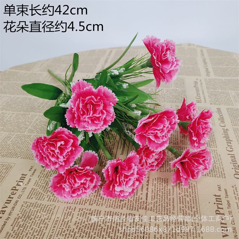 Ramo de simulación de clavel Flores falsas Flores de seda Flores secas Decoración de la sala de estar Decoración de la mesa de comedor Flores decorativas Plástico Día de la madre