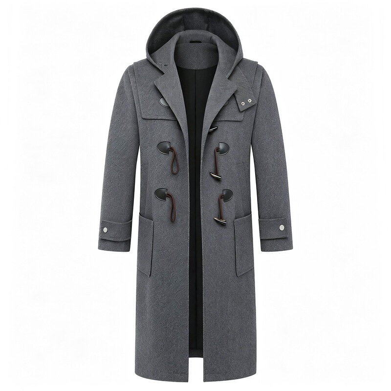 New autumn and winter foreign trade men's woolen coat with hood, German-style trench coat, men's long coat with horn button design, plus-size jacket New autumn and winter foreign trade men's woolen coat with hood, German-style trench coat, men's long coat with horn button design, plus-size jacket