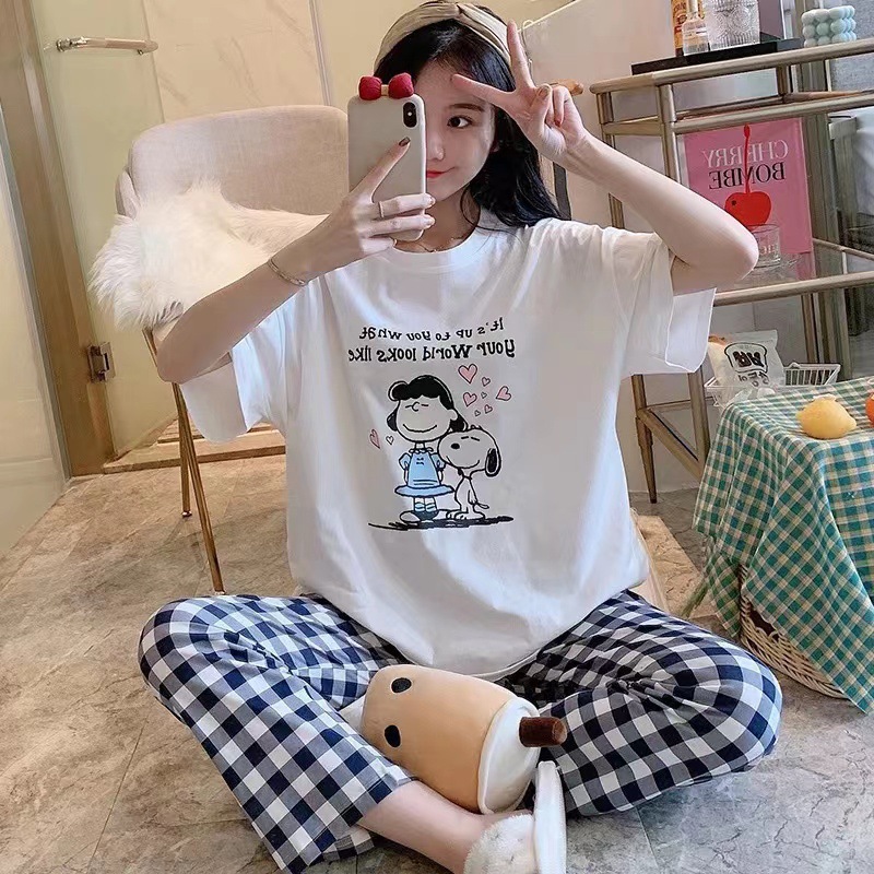 Pijamas para mujer, conjunto de verano de manga corta y pantalón largo para estar en casa, novedad 2025, primavera y otoño, estilo dibujos animados, estilo estudiantil, corte holgado.