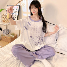 小个子睡衣女夏季新中式国风冰丝短袖长裤薄款卡通少女家居服套装