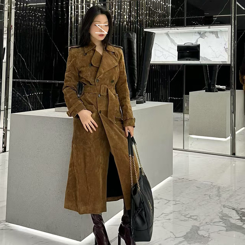 Vintage Light Luxury Lapel Double-Breasted Belted Waist-Cinching Suede Coat with a Stylish Commuter Double-Pocket Trench Coat Long Jacket