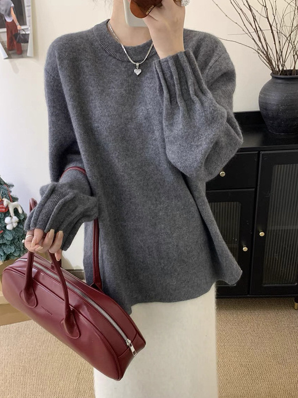 韩系设计感毛衣女新款灯笼袖圆领套头宽松慵懒中长款秋冬针织衫潮|undefined