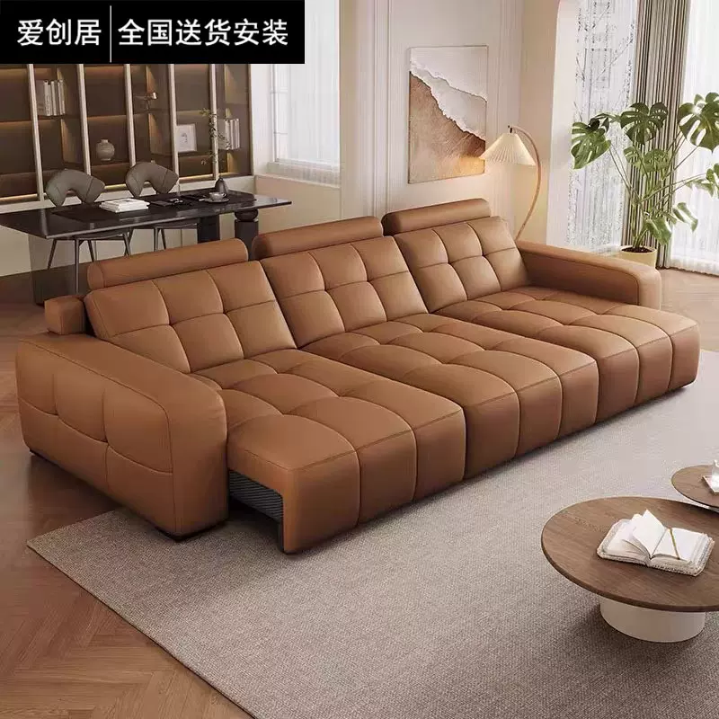 意式极简真皮沙发大小户型客厅三人位沙发语音电动功能伸缩沙发床