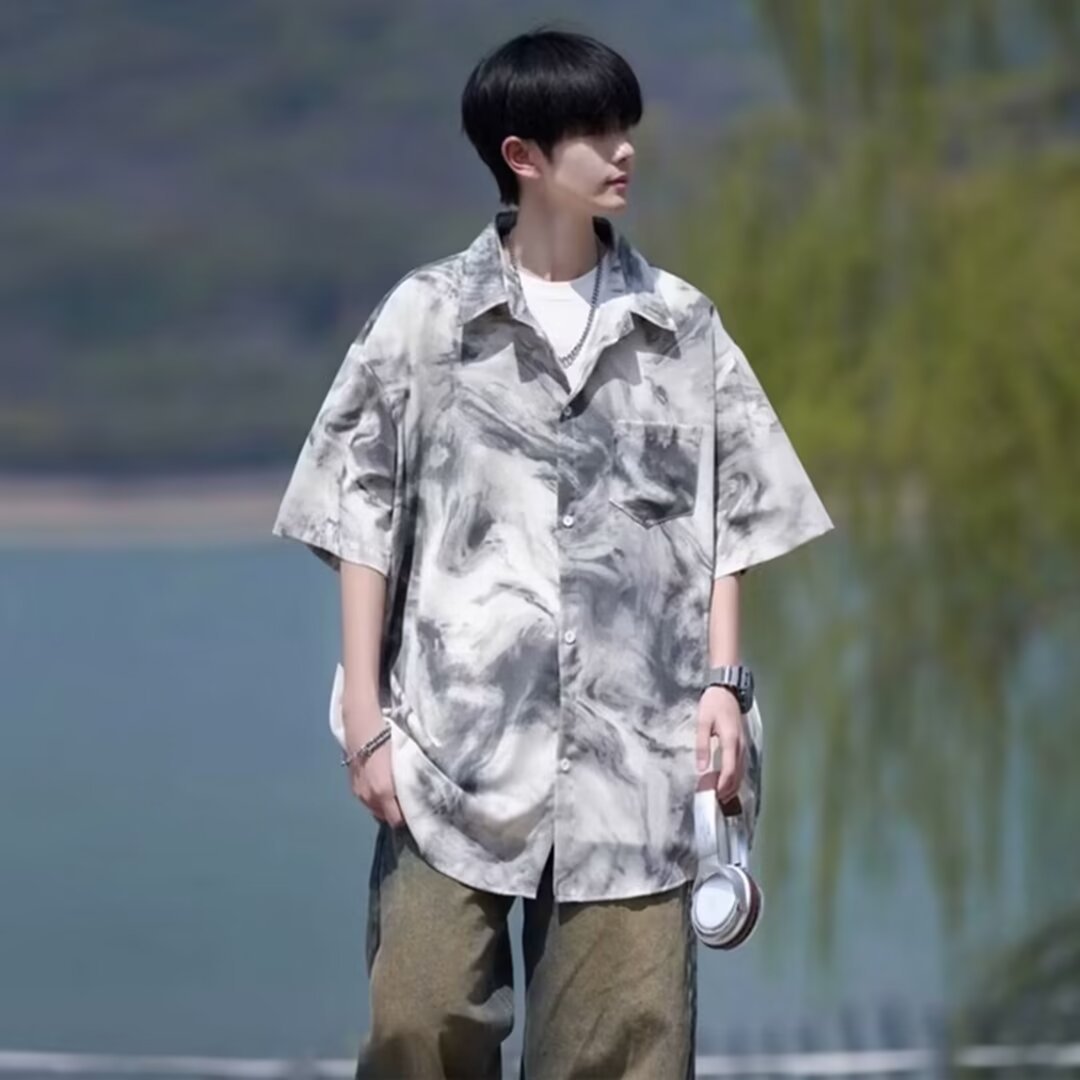 Tie-Dye Short-Sleeved Shirt Men's Summer Seaside Flower Shirt plus size Loose Trendy Brand Jacket Beach Seven-Sleeve