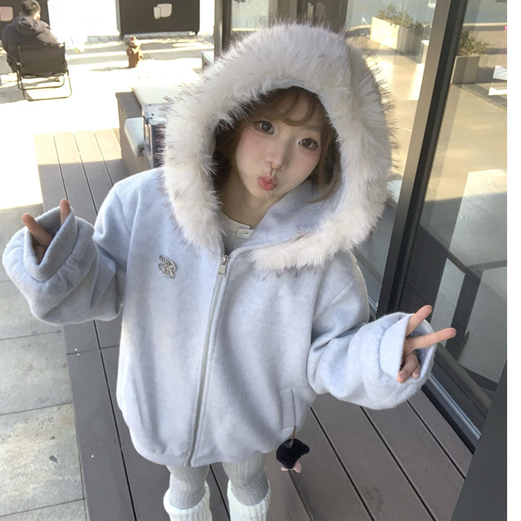 美式复古高街毛领连帽开衫卫衣外套女春秋2025oversize韩系慵懒风|undefined