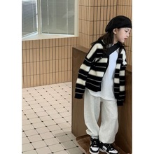 女童套装秋季新款韩版儿童针织开衫上衣时髦条纹休闲卫裤三件套装