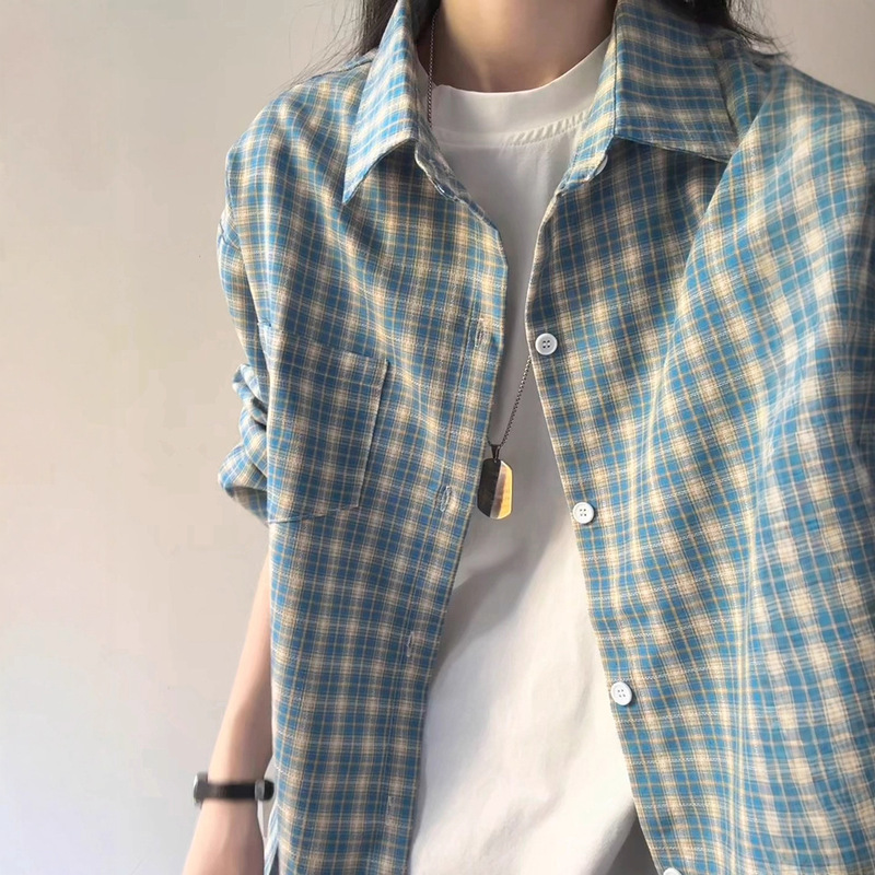 Peacock Blue Plaid Shirt for Men and Women in Autum, High-End Lazy Style Patterned Shirt, American Casual Couple Jacket