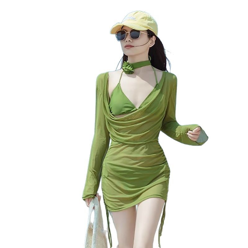 Elegante costume da bagno da donna stile dea, bikini a tre pezzi con maniche lunghe e coulisse, protezione solare in rete, sensazione di alta qualità._voghion.com