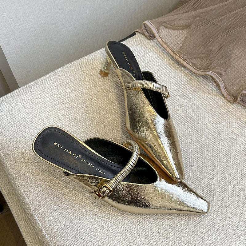 Sandal nữ bít mũi mũi nhọn gót nhỏ kiểu mule quai hậu thanh lịch — Màu bạc, Màu trắng be, Màu vàng
