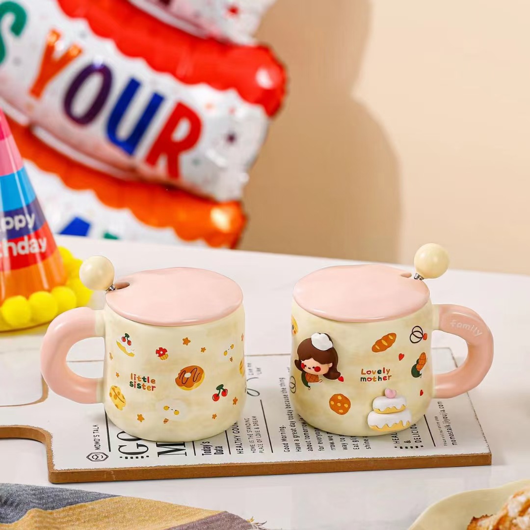 Creativo diy familia taza de cerámica con cubierta cuchara de dibujos animados taza de café de alto valor de cara regalo de mano taza de agua