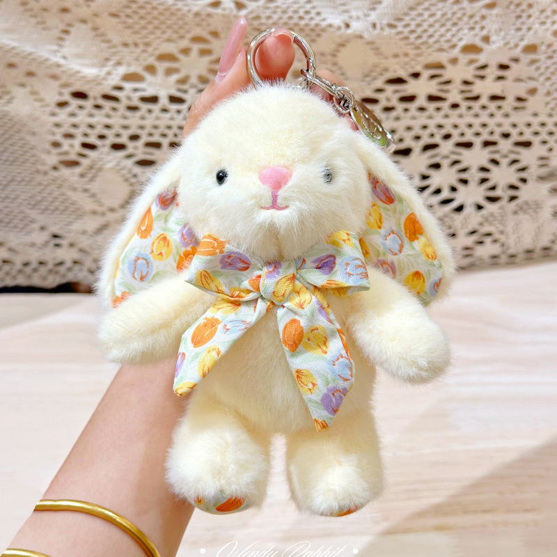 オリジナル本物の 15 センチメートル花蝶ネクタイウサギぬいぐるみキーホルダーペンダント癒しのコンパニオン人形ギフト卸売|undefined