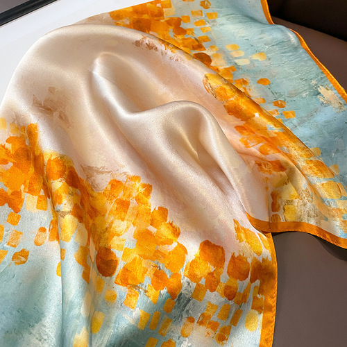 Korean version of spliced ​​literary retro oil painting 53 high-end mulberry silk silk scarf for women spring and summer scarf binding bag decoration