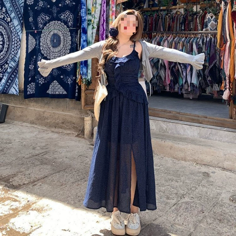 Маленькое свежее платье больших размеров с цветочным принтом в горошек, женский летний утягивающий кардиган с защитой от солнца, вязаный кардиган, комплект из двух предметов