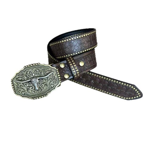 Western Cowboy Belt Trendy Retro Youth Punk Floral Men's Rivet Leather Belt