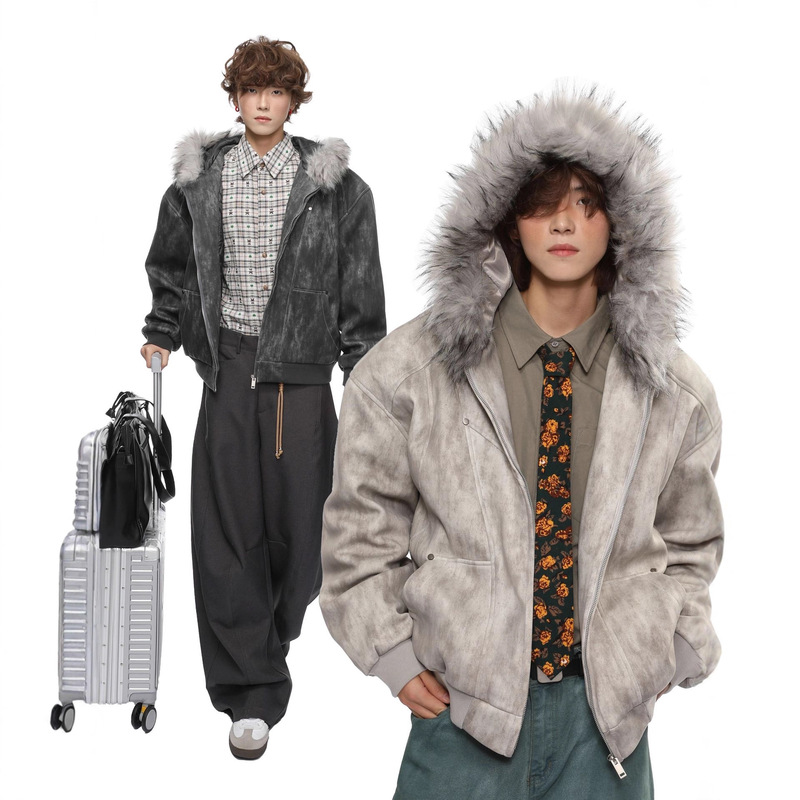 Winter Ink Mourning Silk-Dyed Mountain Eagle Fleece-Lined Thickened Hooded Fur Collar Cotton Jacket for Men, Vintage American Style Cleanfit Winter Ink Mourning Silk-Dyed Mountain Eagle Fleece-Lined Thickened Hooded Fur Collar Cotton Jacket for Men, Vintage American Style Cleanfit