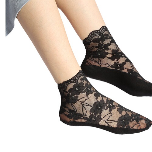 Lace stocking girl floral cotton sole short socks shallow mouth mesh transparent Japanese style lady boat socks summer thin crystal socks