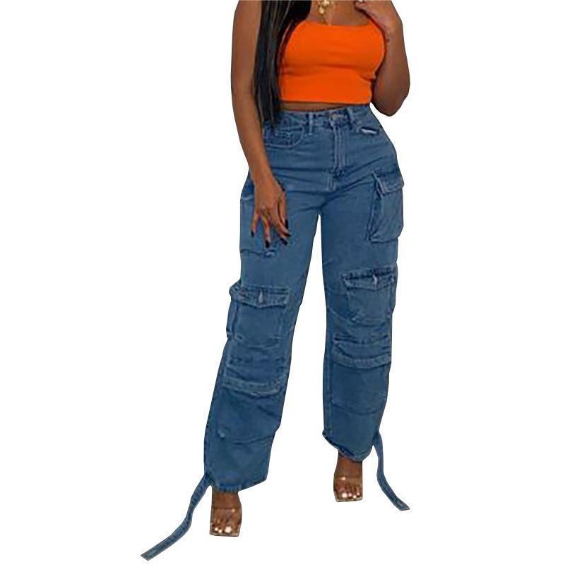 Women's Jeans Multi Pocket Washed Workwear Denim Trousers_voghion.com