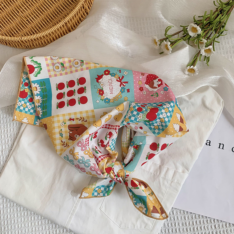 Bufanda de seda, bufanda cuadrada pequeña, nueva bufanda de seda literaria fresca, bufanda, bolso floral dulce, pañuelo en la cabeza, cinta para el cabello, serpentinas para el cabello