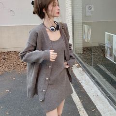 小个子穿搭一整套时尚高腰显瘦针织开衫配吊带连衣裙两件套女秋季