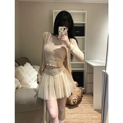 三件套女2025夏季新款纯欲甜辣妹镂空针织开衫吊带背心高腰半身裙