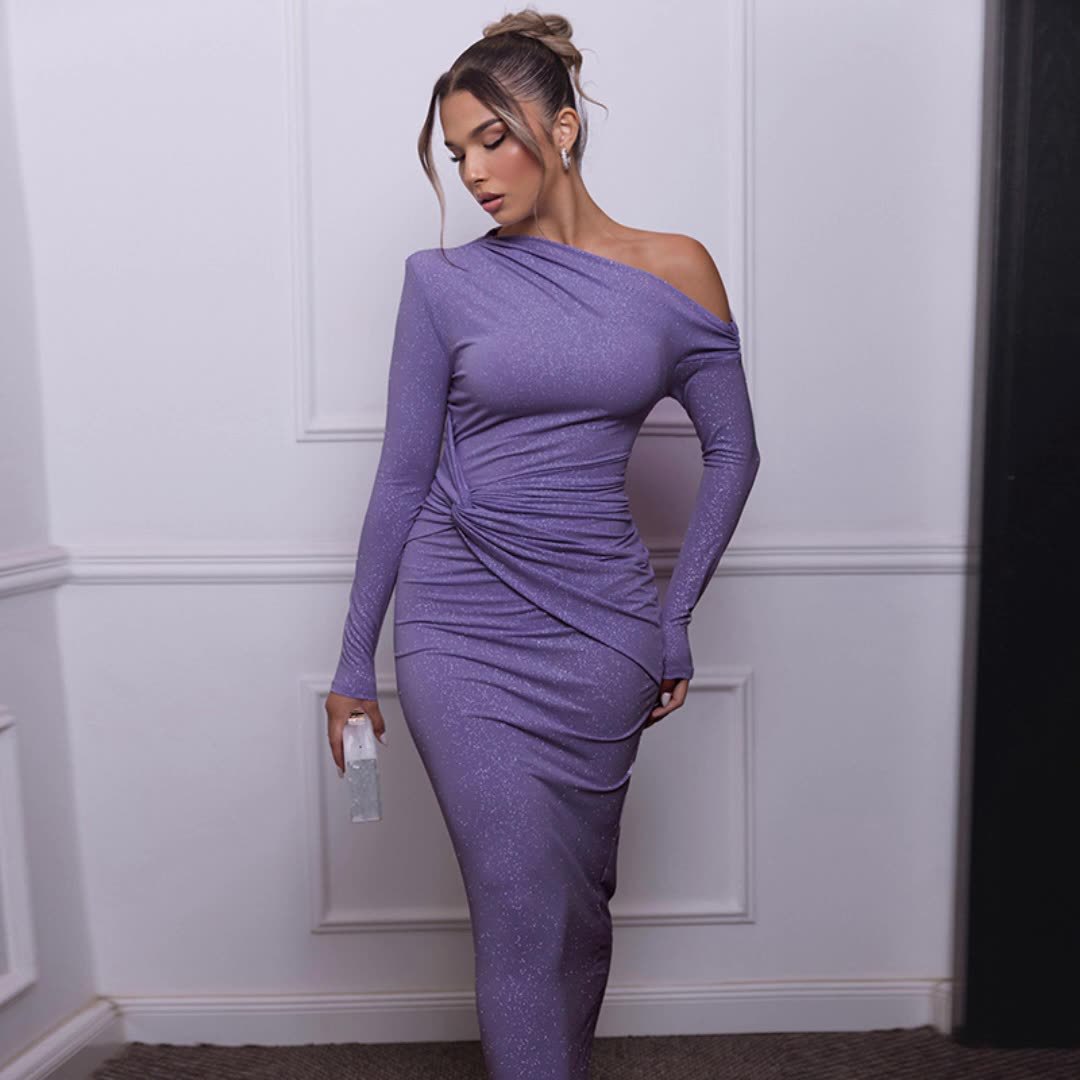 Otoño y invierno nuevo estilo europeo y americano ropa de mujer transfronteriza moda sexy plegado hombro inclinado mangas largas delgado vestido de cadera