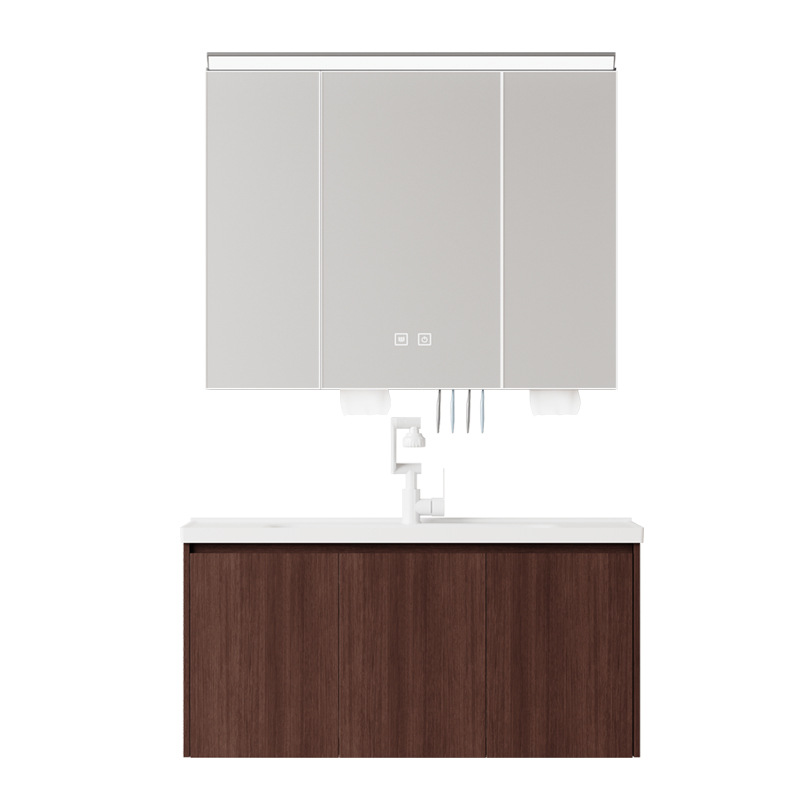 Gabinete de baño de estilo medieval de color nuez grueso de aluminio lavabo de panal de cerámica lavabo de baño de cesta de tirar de la mesa de lavado