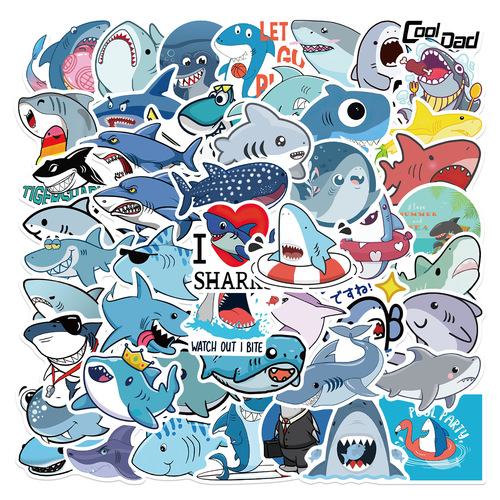 50 Cartoon Shark Animal Stickers Decorative Luggage Laptop Phone Case Waterproof Removable Non-Duplicate Stickers