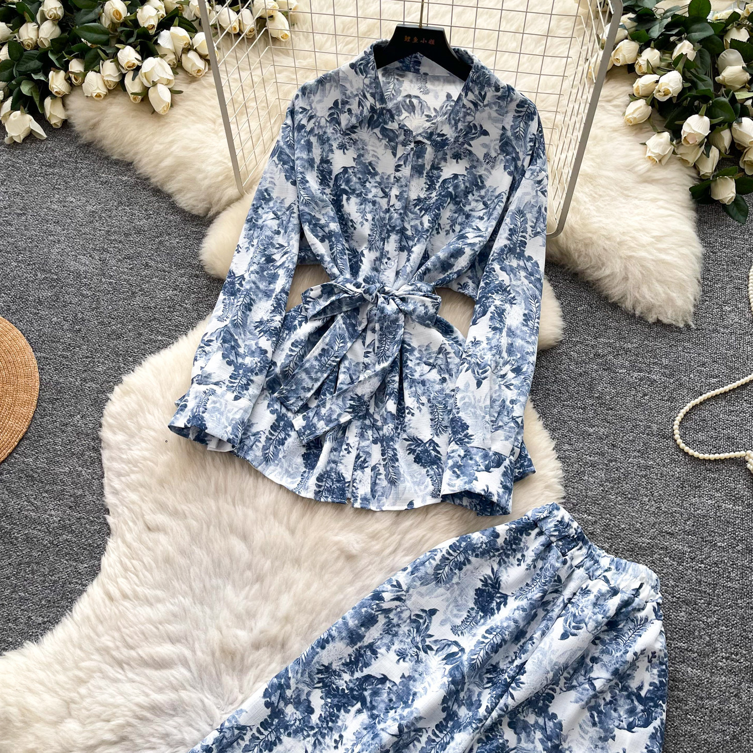 Women's Sophisticated Elegant Two Piece Set Autumn Tie up V Neck Top High Waisted Wide Leg Pants Slimming Stylish Look_ecoleips.com