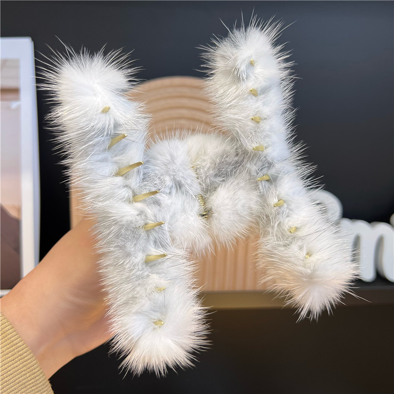 ミンクヘアグリッパー韓国のかわいいぬいぐるみヘアピン気質毛皮グリッパーバックヘッドクリップサメクリップ女性卸売|undefined