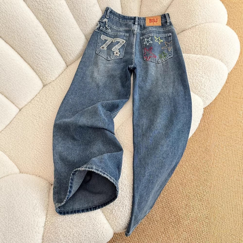 Star Embroidery Straight-Leg Jeans for Women 2026 New Style Slimming Loose Wide-Leg Straight Pants for Petite Women