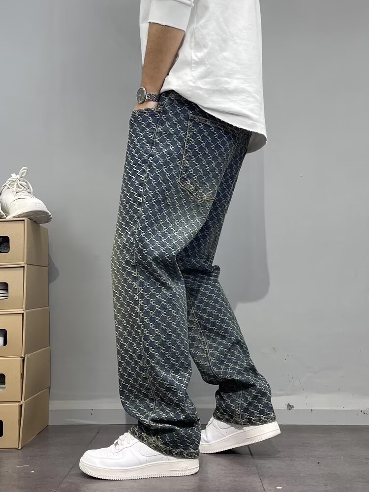 Men's Clothing High End Men's Straight Leg Jeans Streetwear American High Street Style Cool Edgy Vibe Full Print Embroidery_mkmklike.com