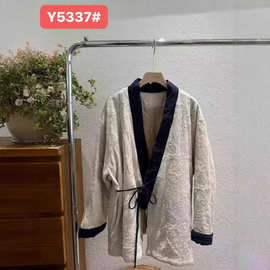 冬季文艺复古中国风亚麻重工刺绣V领系带棉衣外套百搭棉服女Y5337