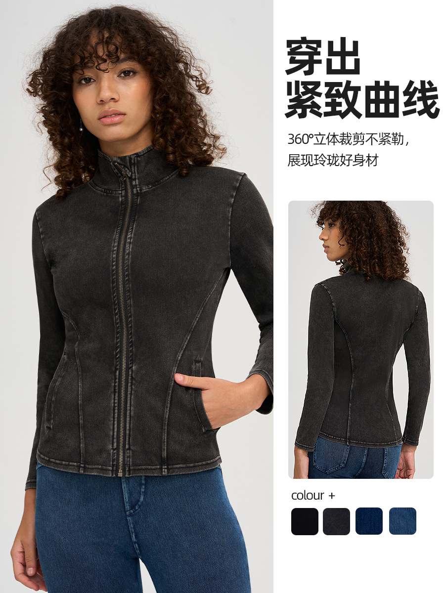 Nuevo cross-border jeans de cuello vertical chaqueta de yoga mujer delgada cuerpo apertado alto elástico doble bolsillo cremallera camisa de fitness de manga larga