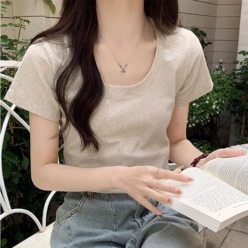 Summer short-sleeved T-shirt for women's front shoulder simple basic style water droplet u neck niche design slim and slim versatile top