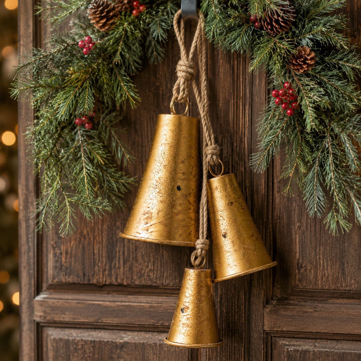 Vintage Metal Christmas Bell Decorative Pendant, Jute Rope Three-Bell Set, Indoor and Outdoor Holiday Door Hanging Tree Ornament