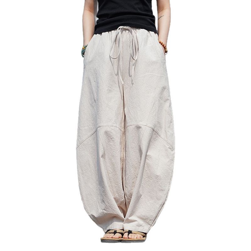 Solid Color Linen Cotton Linen Machete Pants Men's Extras Large Size Bundled Foot Lantern Pants Men's Trendy Brand Wide-leg Casual Long Pants