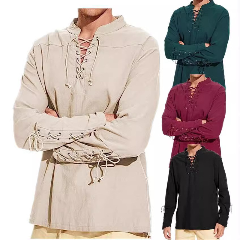 2025 European and American Export Men's Spring and Summer Large Size Casual Tropical Cotton and Linen Deep V-Neck Pure Color Large Size Long-Sleeved T-Shirt Shirt 2025 European and American Export Men's Spring and Summer Large Size Casual Tropical Cotton and Linen Deep V-Neck Pure Color Large Size Long-Sleeved T-Shirt Shirt