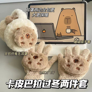 Winter gloves earmuffs warm two-piece set cute women's anti-freeze plush cold-proof earmuffs ear warming