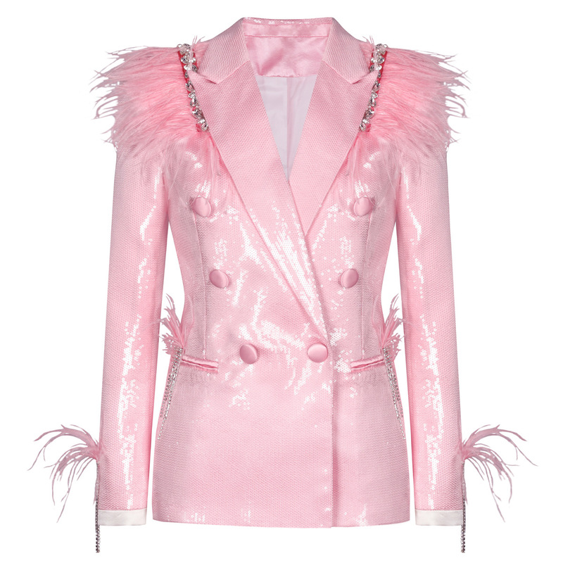 24274 Quality In-Stock Spring and Autumn European and American Style Stage Pink Sequin Feather Women's Blazer Jacket