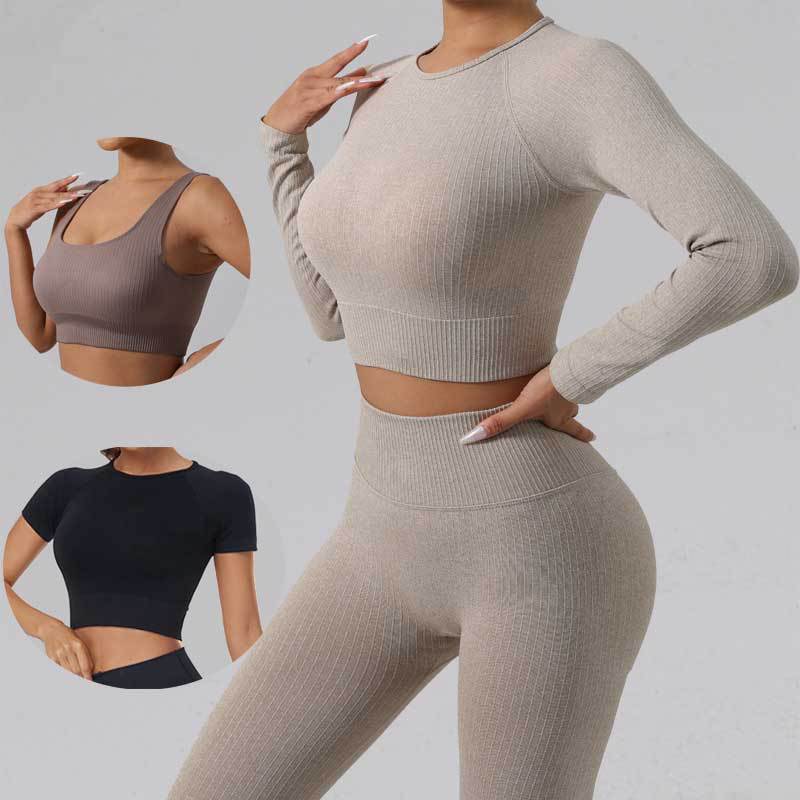 Solid Color Ribbed Push-Up Bra Tight-Fitting Sports High-Elastic Peach Butt-Lifting Fitness Yoga Set for Women Comfortable Body Shaping