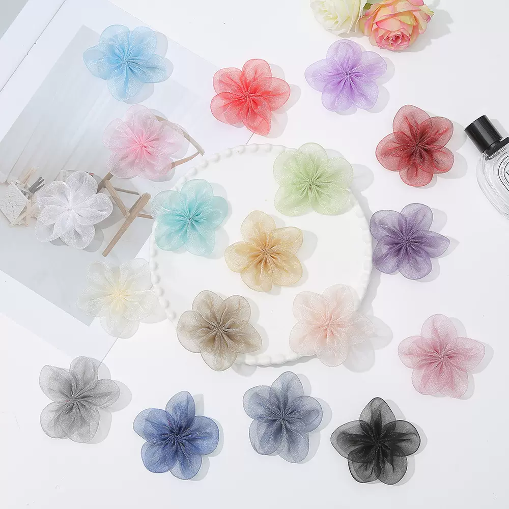 新款欧根纱立体花朵辅料带钻五瓣花diy手工配件发圈边夹头饰材料