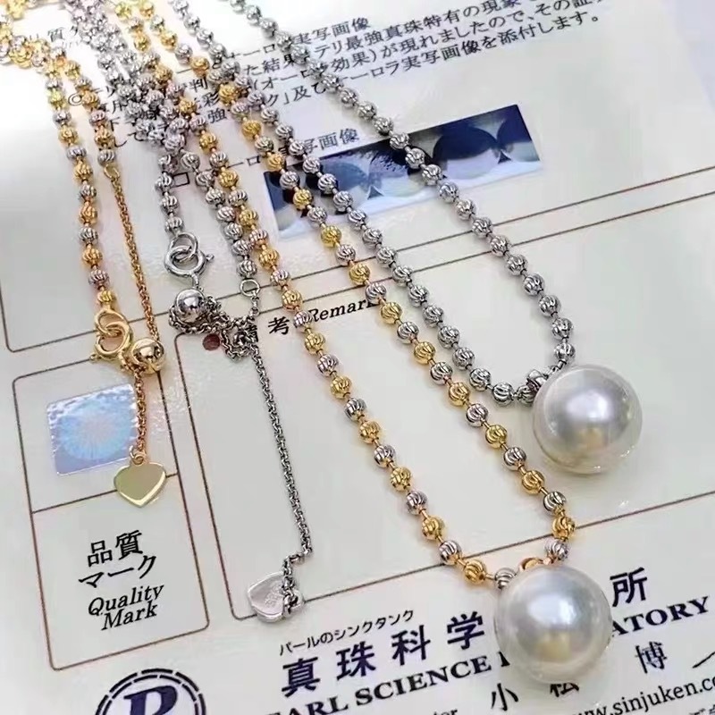 DIY珍珠配件s925纯银镭射珠车花分色套链项链空托一体链尾链50cm