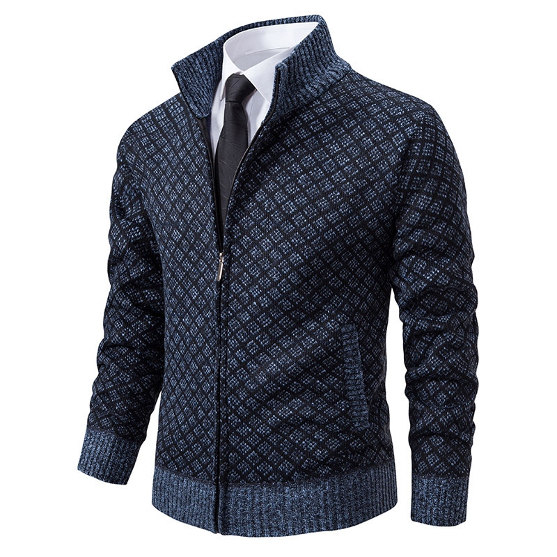 2024 Autumn and Winter Men's Fashion Plaid Jacket Coat Men's Fashionable Collar Slim-fit Long-sleeved Casual Sweater
