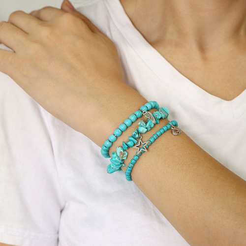 Gemstone beads bracelet set label simple new star leaf pendant elastic cord bracelet cross-border