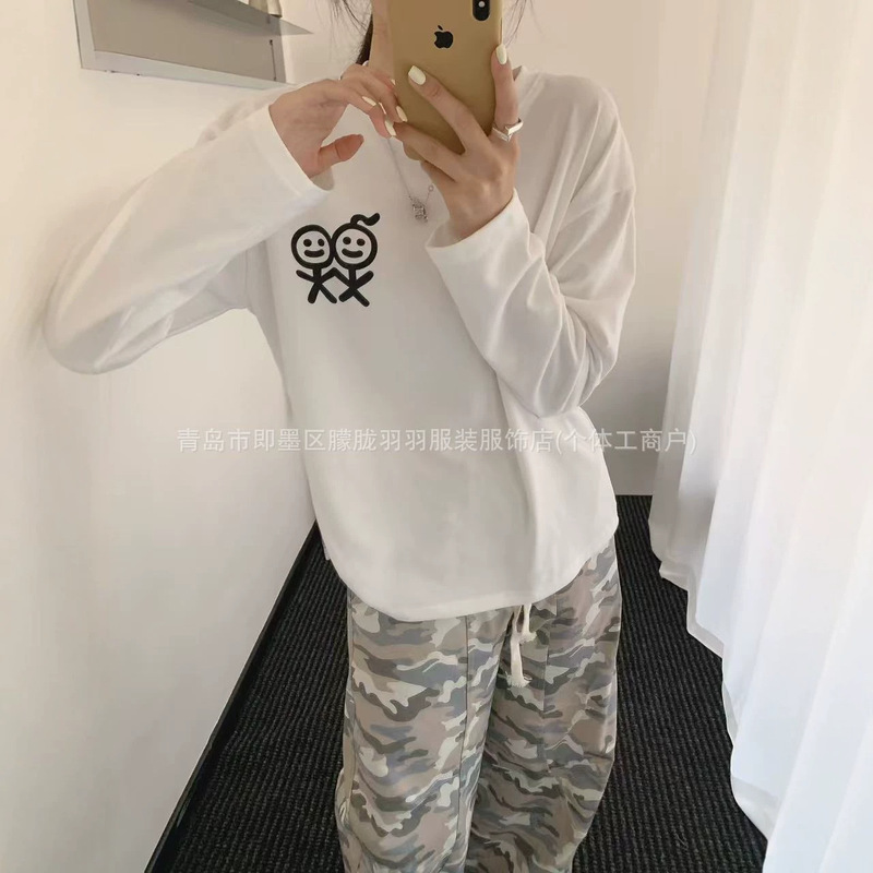 Matchstick Man Print Long Sleeve T-Shirt for Women, Early Autumn Loose Round Neck Base Shirt, Casual Versatile Inner Layer Matchstick Man Print Long Sleeve T-Shirt for Women, Early Autumn Loose Round Neck Base Shirt, Casual Versatile Inner Layer