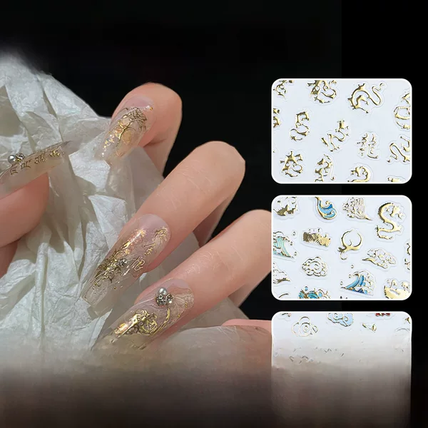 Dragon year nail stickers laser magic color with adhesive dragon pattern totem relief gilding nail accessories stickers wholesale