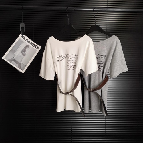 Korean letter print tie waist off-shoulder short-sleeve T-shirt for women, summer loose cute slimming top 96068