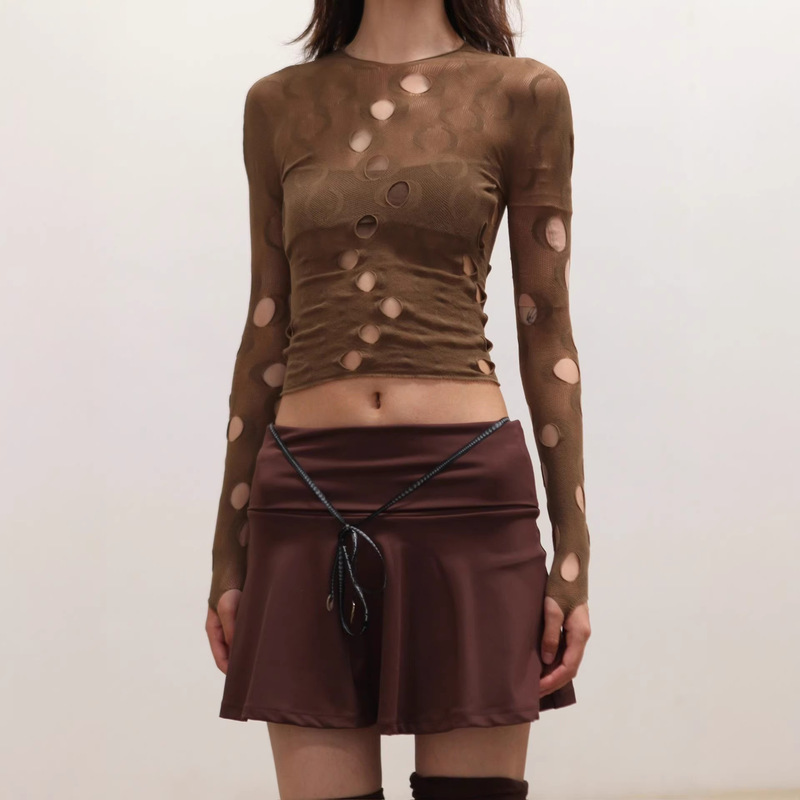 In-Stock Four-Color Mesh Hollow-Out Jacquard Layered Long-Sleeve T-Shirt, Black Silk Hollow-Out Outerwear Base Shirt
