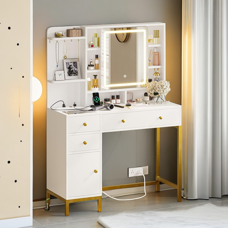梳妆台卧室现代简约化妆收纳柜一体小户型书桌奶油风化妆桌椅组合
